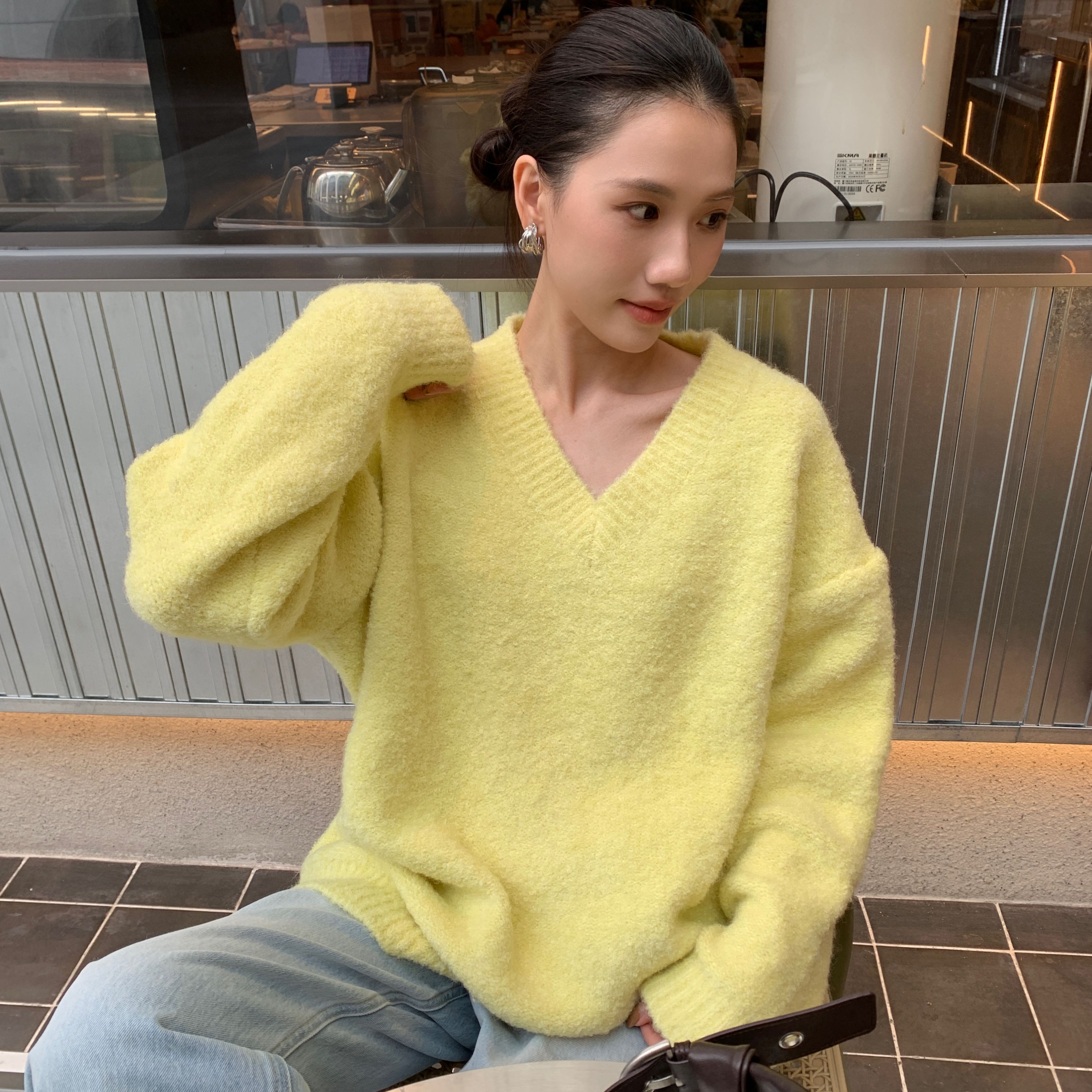 OO VOUIS-衣豆豆纱V领长袖圈圈毛保暖毛衣（含9羊毛）(女)8832426