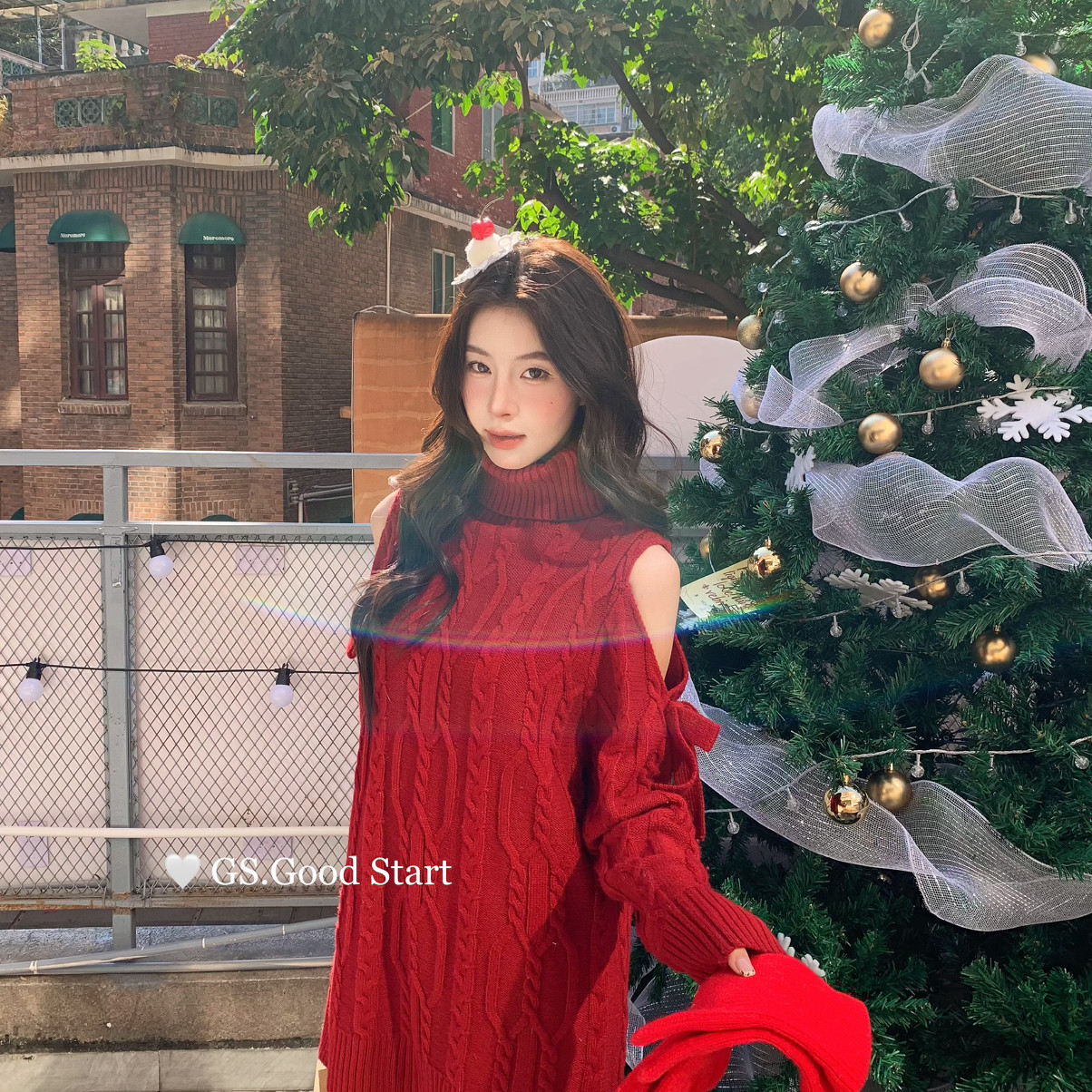 GS.GOOD START-口开单不停冬气质纯欲蝴蝶结露肩设计感毛衣G7813