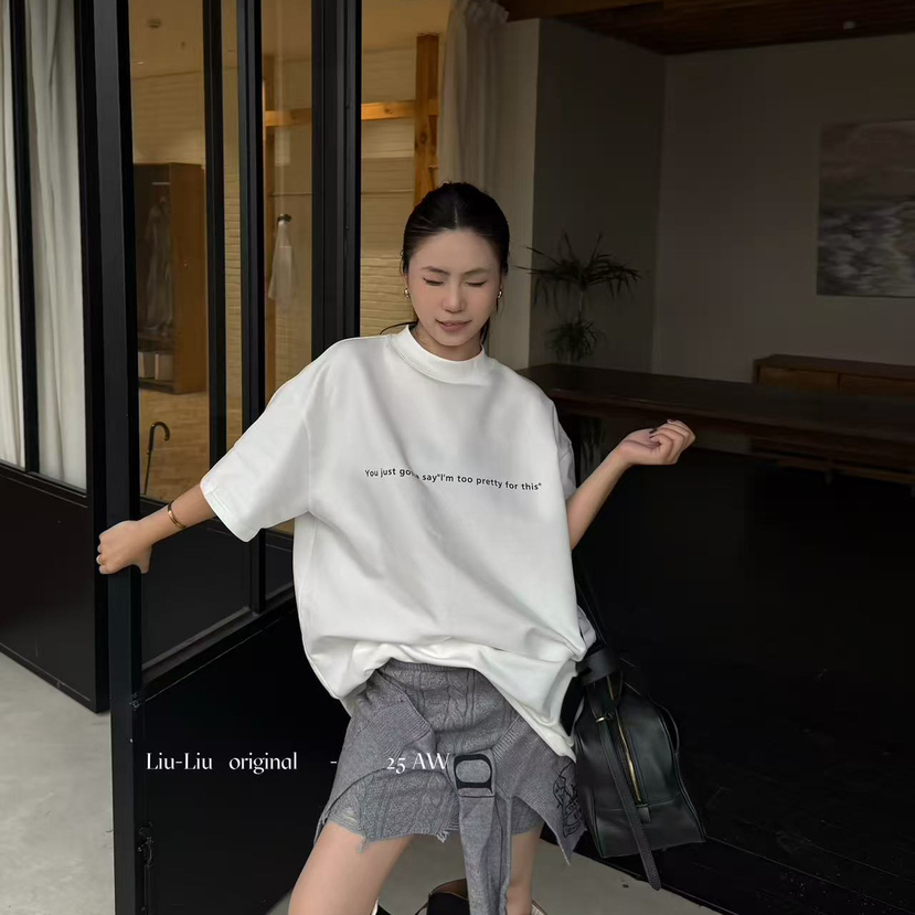 Liu-Liu-字母印花圆领宽松上衣短袖T恤66315