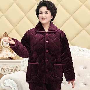 婆婆冬季 两件套中老年妈妈珊瑚绒夹棉翻领外套 居家睡衣女棉袄棉裤