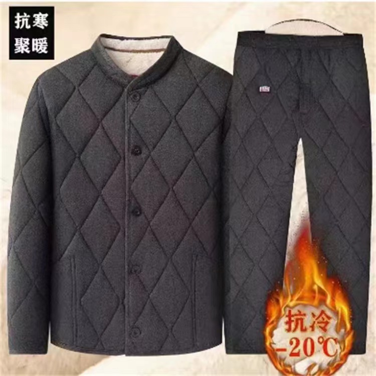 爷爷三层加厚棉衣棉裤套装睡衣男