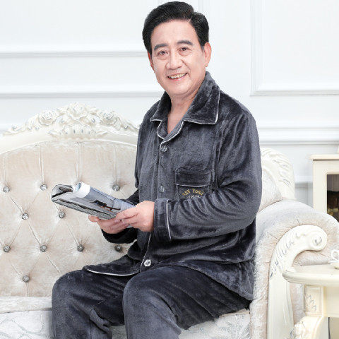 老人法兰绒外套睡衣男秋冬爷爷珊瑚绒保暖男装冬装爸爸加厚休闲装