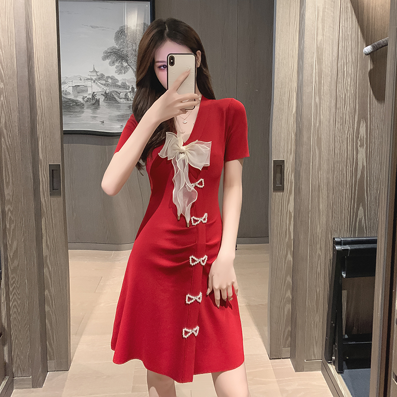 French retro Hepburn bow knitted skirt for summer dress