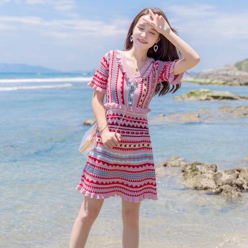 夏季新款氣質小香風粉色連衣裙法式初戀收腰針織裙