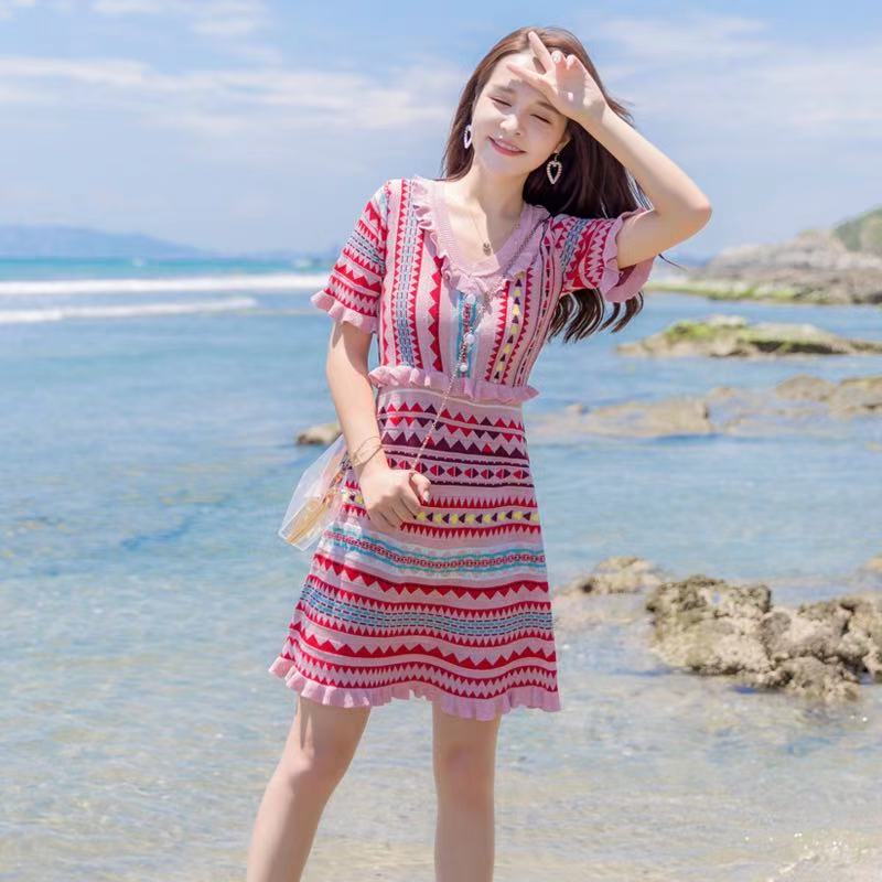 Summer new style small fragrance pink dress French first love waist knitted skirt