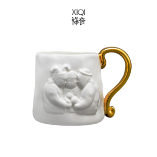 稀奇艺术桃园三结义浮雕骨瓷杯个性 水杯子礼品描金把手骨瓷杯