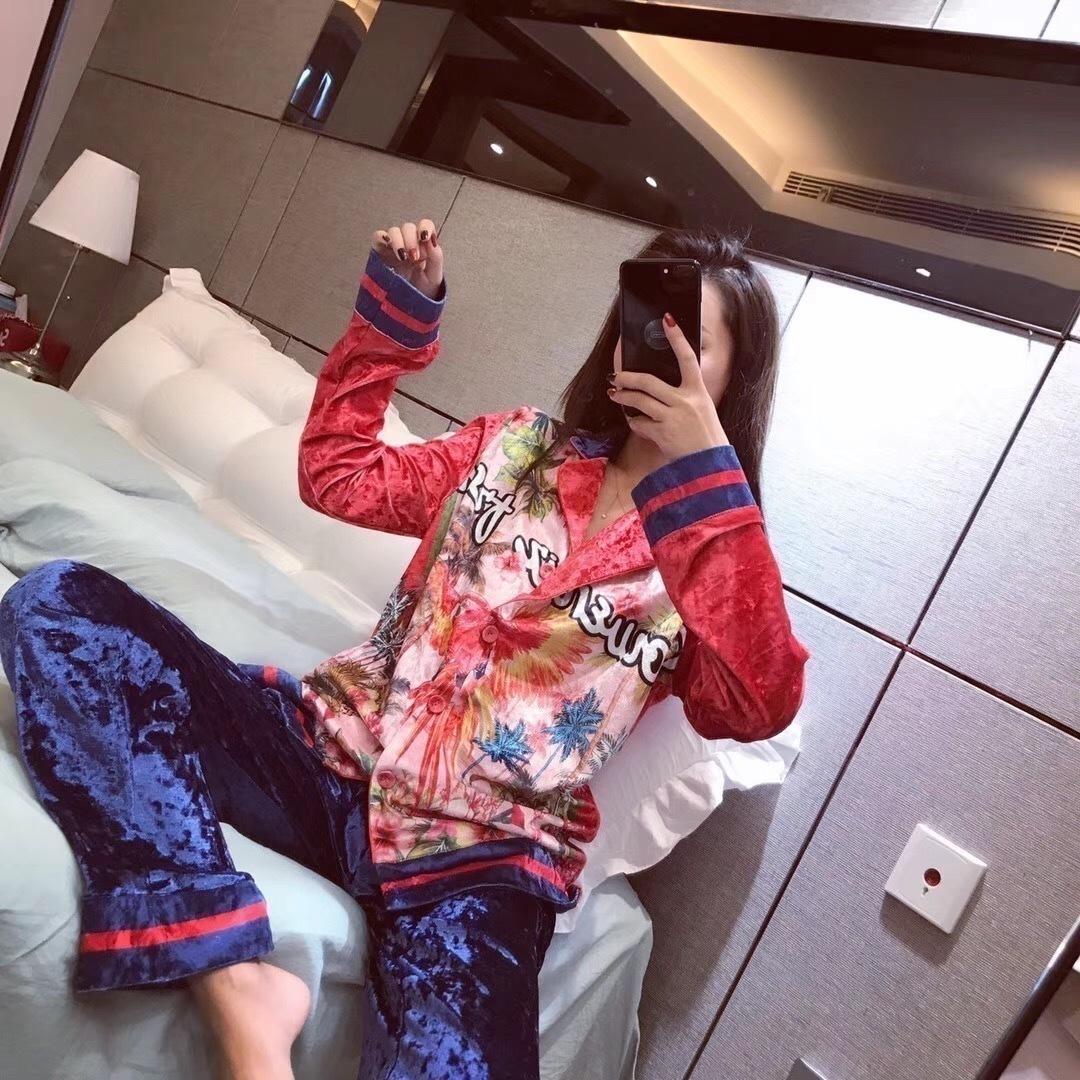 欧美金丝绒冬季可外穿印花睡衣