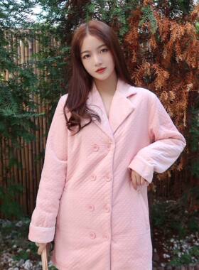 睡衣女秋冬季新款空气棉夹层加厚保暖长袖长裤家居服套装可外穿