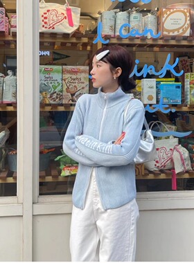 韩风 Matinkim 坑条字母提花半高领针织开衫毛衣外套