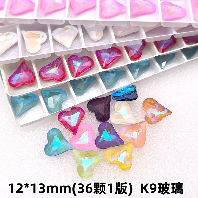 12*13mm彩色歪桃心摩卡荧光K9玻璃水晶尖底钻diy美甲贴钻材料饰品