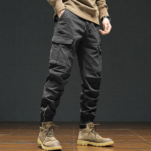 美式复古宽松工装裤男黑色潮牌重磅厚款束脚休闲多袋长裤秋季新款