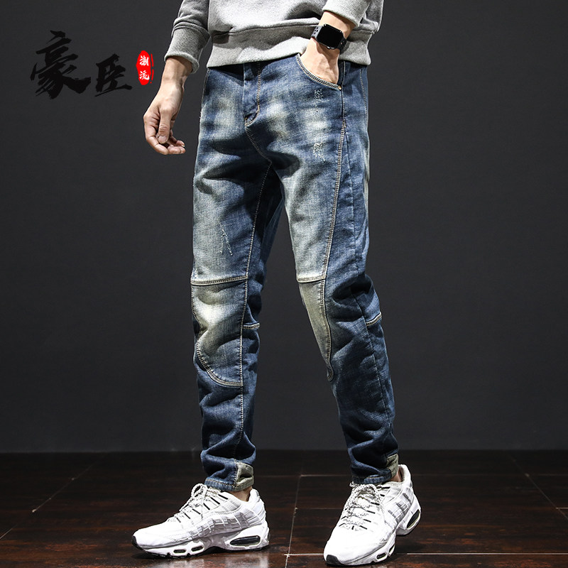 春秋款牛仔裤潮男休闲裤拼接小脚男裤子弹力潮牌美式复古工装潮牌