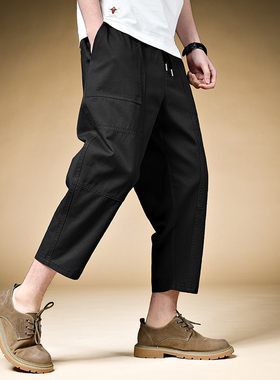 纯棉黑色工装裤男款8分裤宽松九分阔腿裤港风潮牌9分裤休闲八分裤