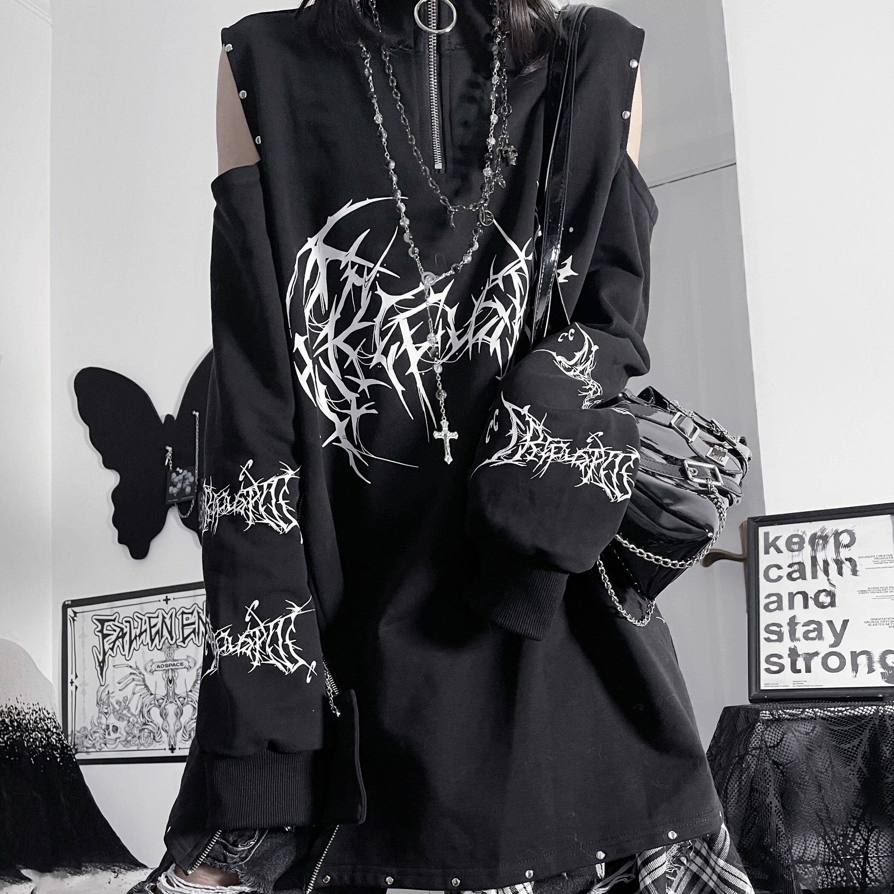 thumbnail for *Fallen Evil Band* Zhezhi Leads TC Original Print Subculture Dark Loose Long Cotton Off-the-Shoulder Sweatshirt Spring Style