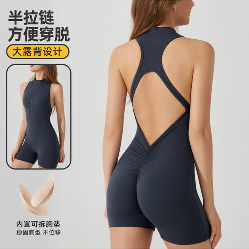 跨境欧美运动瑜伽连体衣半拉链露背蜜桃臀提臀双面锦塑身衣带胸垫