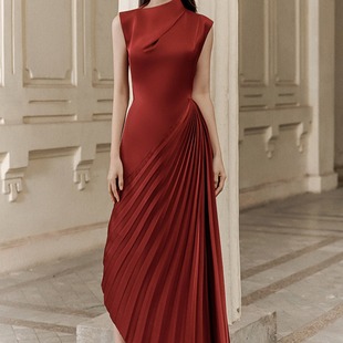 越南小众设计师同款2025夏季新款连衣裙酒红色不规则晚礼服1626