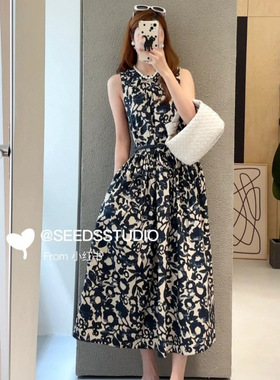 M女装商场同款女装圆领无袖腰带纯棉府绸印花大裙摆连衣裙子女