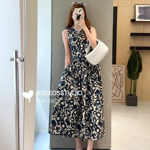 M女装商场同款女装圆领无袖腰带纯棉府绸印花大裙摆连衣裙子女