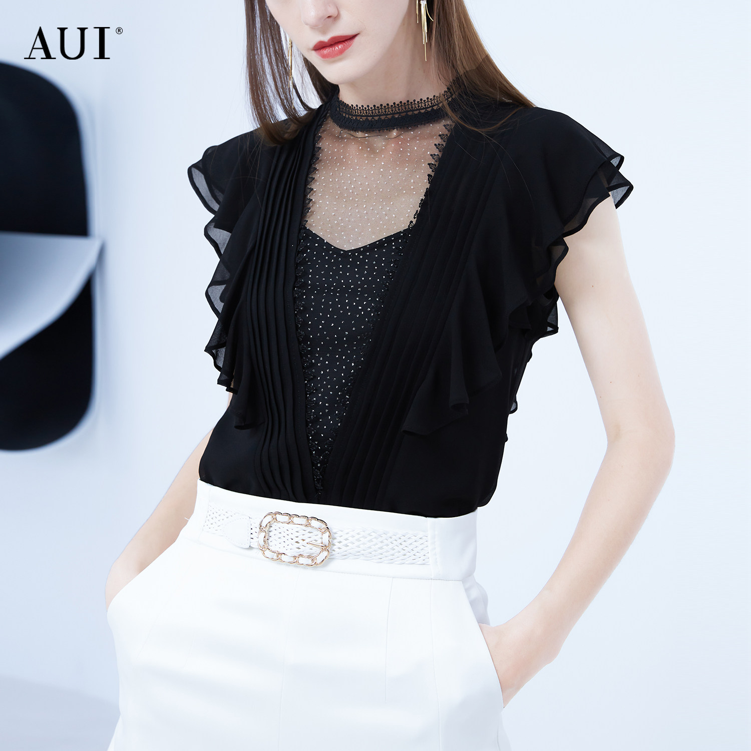 AUI黑色荷叶边立领蕾丝衫女2022夏季新款设计感小众修身吊带上衣