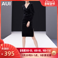 aui欧洲站2020年春装新款女装欧货裙子女修身显瘦黑色丝绒连衣裙