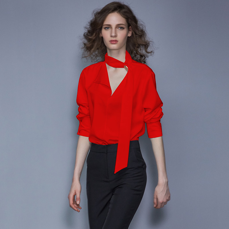AUI红色衬衫女设计感小众2021春秋新款法式雪纺衬衣洋气时尚上衣
