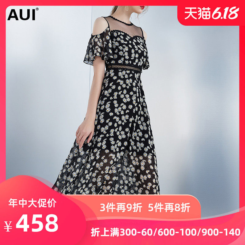 aui小雏菊连衣裙女夏2020新款长款长裙原创设计感露肩雪纺碎花裙
