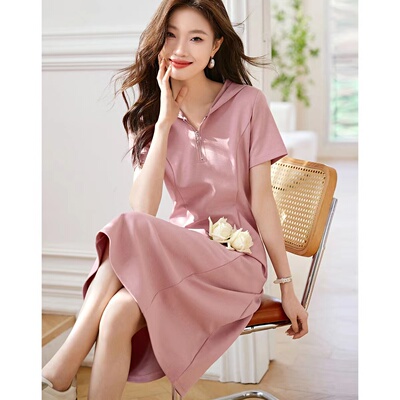 夏季休闲时尚短袖连帽连衣裙子女