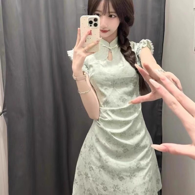 1688阿里巴巴外贸女装出口夏季便宜旗袍短袖收腰减龄包臀连衣裙子 - 实物图