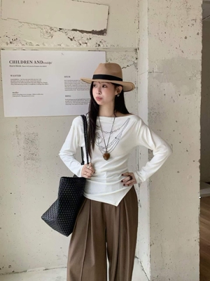 美式辣妹一字露肩荡领长袖T恤女秋季设计感褶皱收腰显瘦上衣女
