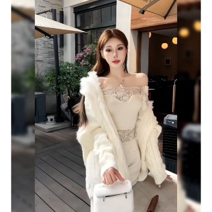 秋季时尚白色小众高级感毛衣外套一字领蕾丝打底衫阔腿长裤两件套
