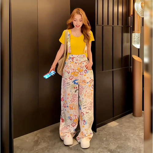 高街设计感多巴胺涂鸦印花牛仔背带裤女俏皮少女感阔腿连体裤长裤