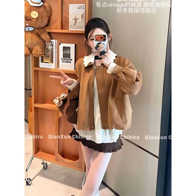 焦糖色花边领鹿茸皮花苞外套上衣