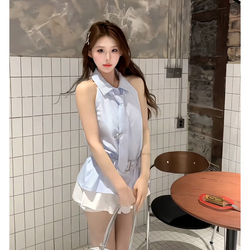 2026夏季新款法式甜美学院风条纹挂脖无袖条纹少女感假两件连衣裙