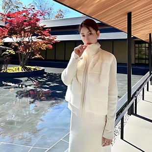 2025新款小香风保暖羽绒服外套白色针织拼接仿水貂毛皮草外套上衣