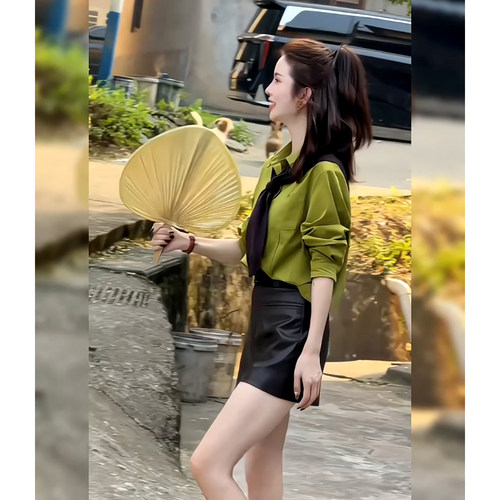 时尚套装春秋季新款洋气显瘦披肩式衬衫皮裙小个子时髦穿搭两件套
