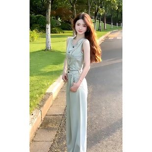 港风夏季 马甲上衣百搭显瘦阔腿裤 长裤 女装 短款 复古牛仔套装 无袖
