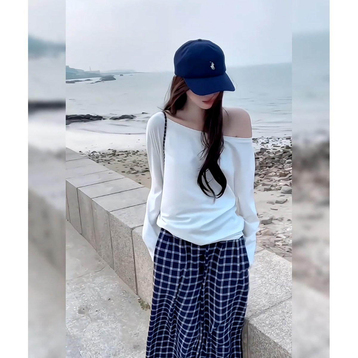 韩系简约风穿搭流行一整套百搭显瘦斜肩长袖衫宽松休闲长裤两件套