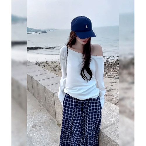 韩系简约风穿搭流行一整套百搭显瘦斜肩长袖衫宽松休闲长裤两件套