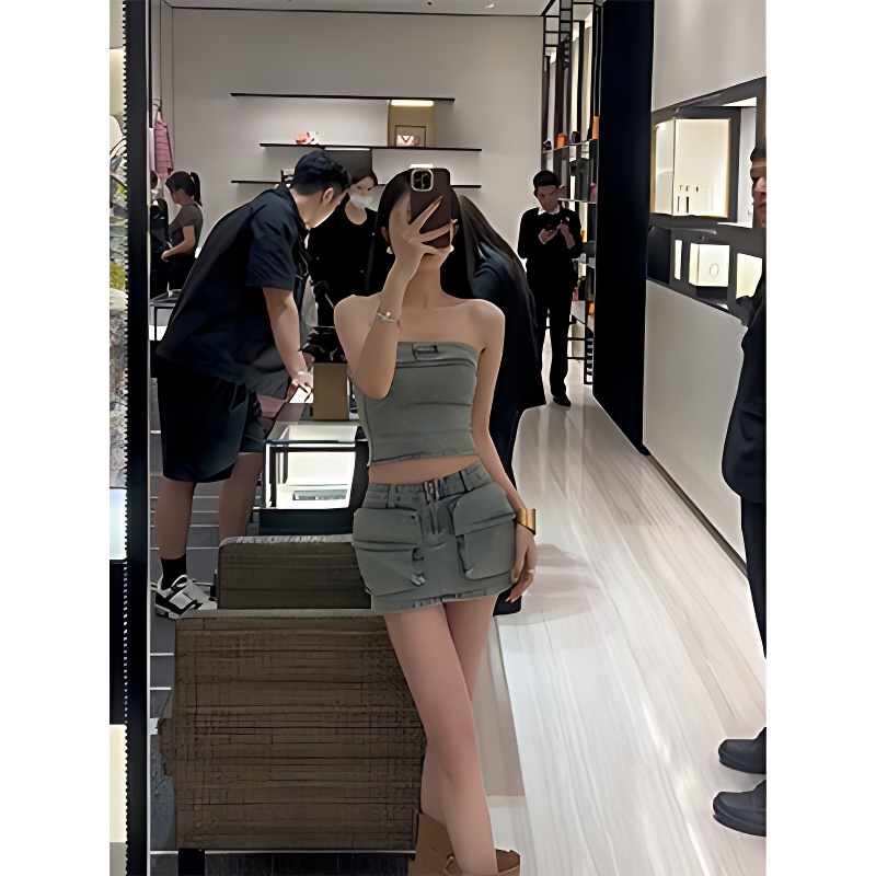 美式性感抹胸上衣半裙牛仔套装夏