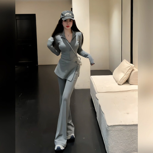 韩系辣妹风套装灰色拉链紧身长袖上衣+高腰微喇裤显瘦显高两件套