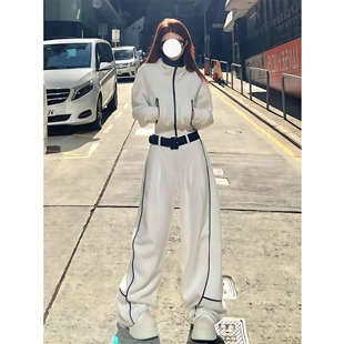 运动美学加厚摇粒绒女2025秋冬季立领夹克上衣外套弯刀直筒裤套装