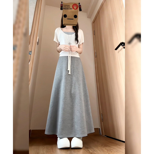 慵懒风韩系设计感挂脖背心叠穿防晒罩衫T恤+大裙摆半身裙三件套夏