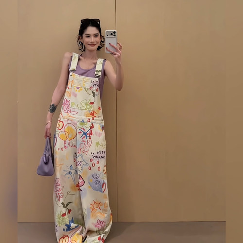 彩色涂鸦背带裤女2026春夏新款可爱减龄宽松设计感休闲阔腿裤女潮