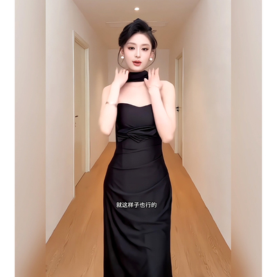 法式赫本风挂脖连衣裙女2026夏季收腰显瘦开叉长裙生日聚会晚礼服