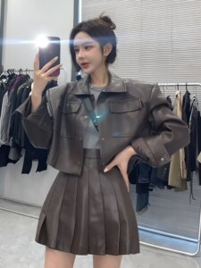 【秋日雾野】新款半身百褶裙+港风复古辣妹夹克皮衣外套女两件套