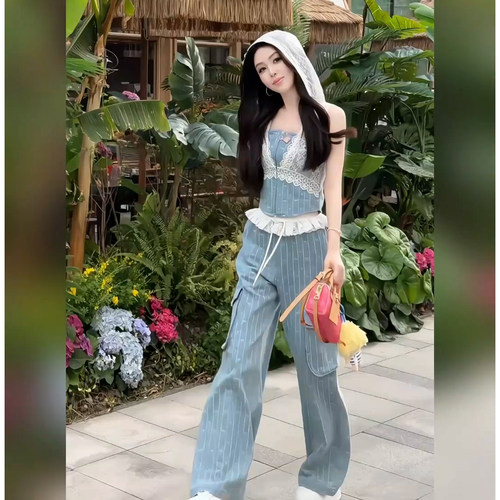 韩系松弛感穿搭女2026夏装甜辣风蕾丝吊带+垂感阔腿休闲裤两件套