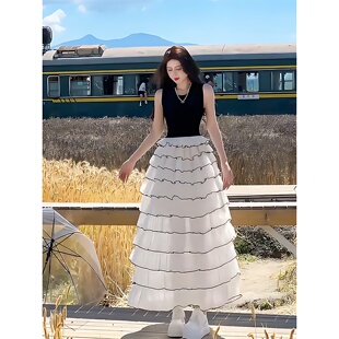 小香风假两件拼接无袖连衣裙女夏季高级感精致名媛千金气质蛋糕裙