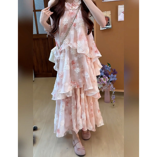 粉色碎花蛋糕连衣裙花边领夏独特漂亮御姐轻熟绝美质感高级感长裙