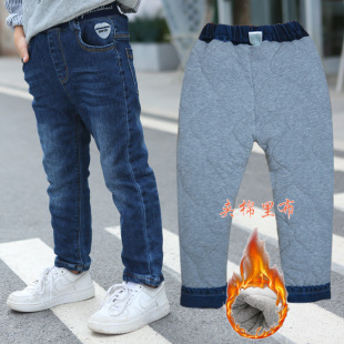 儿童夹棉裤小中大童超厚男女孩宝宝羊羔毛保暖加绒时尚牛仔迷糊熊