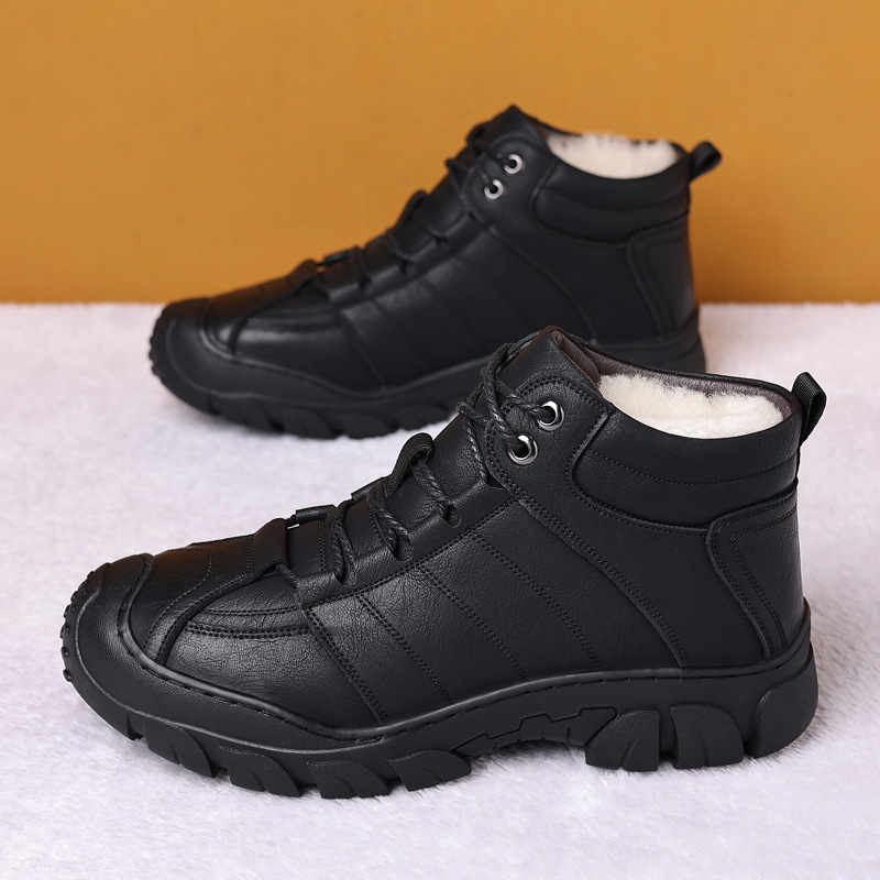 男鞋2025新款冬季加棉高帮男士棉鞋休闲真皮加绒雪地靴中年爸爸鞋